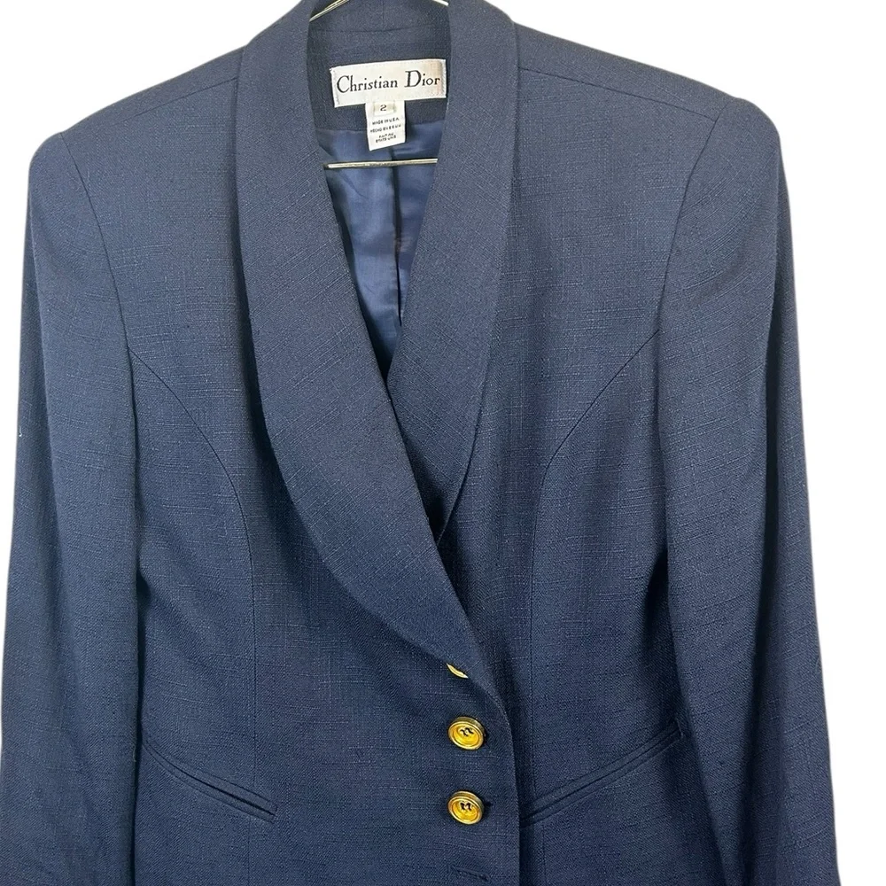Christian Dior Cropped Long Sleeve Double Breasted Blazer Navy
